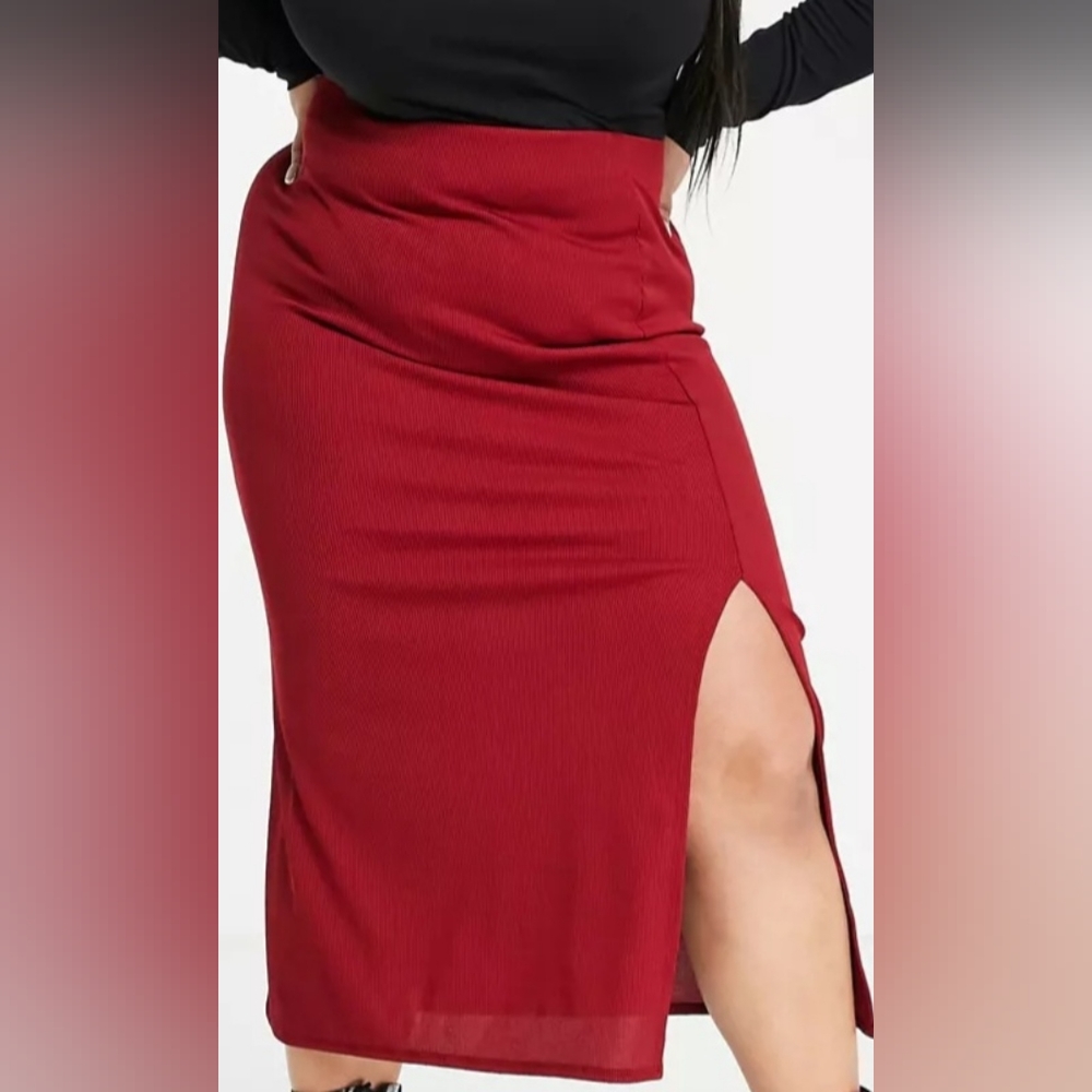 Flounce London Plus Ribbed Midi Split Skirt